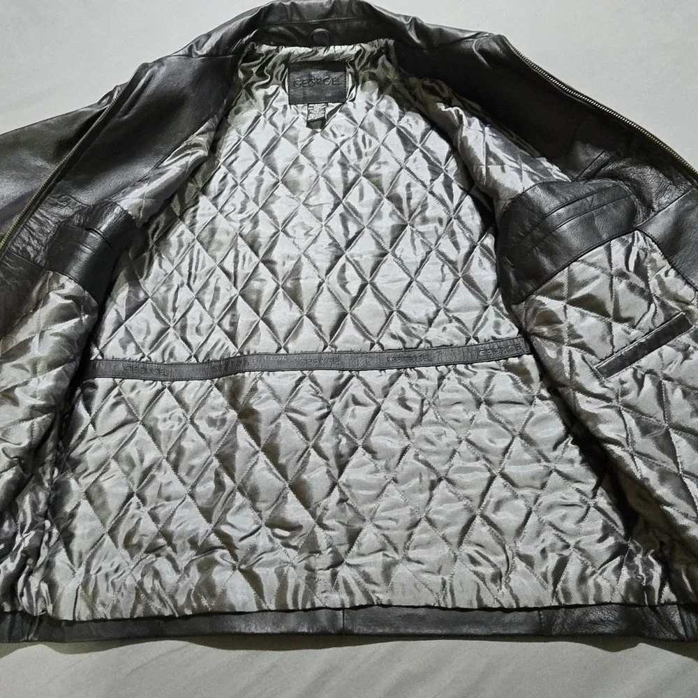 George Mens Black Leather Jacket Full Zip Quilted Lined Small 634A500 Rich Black